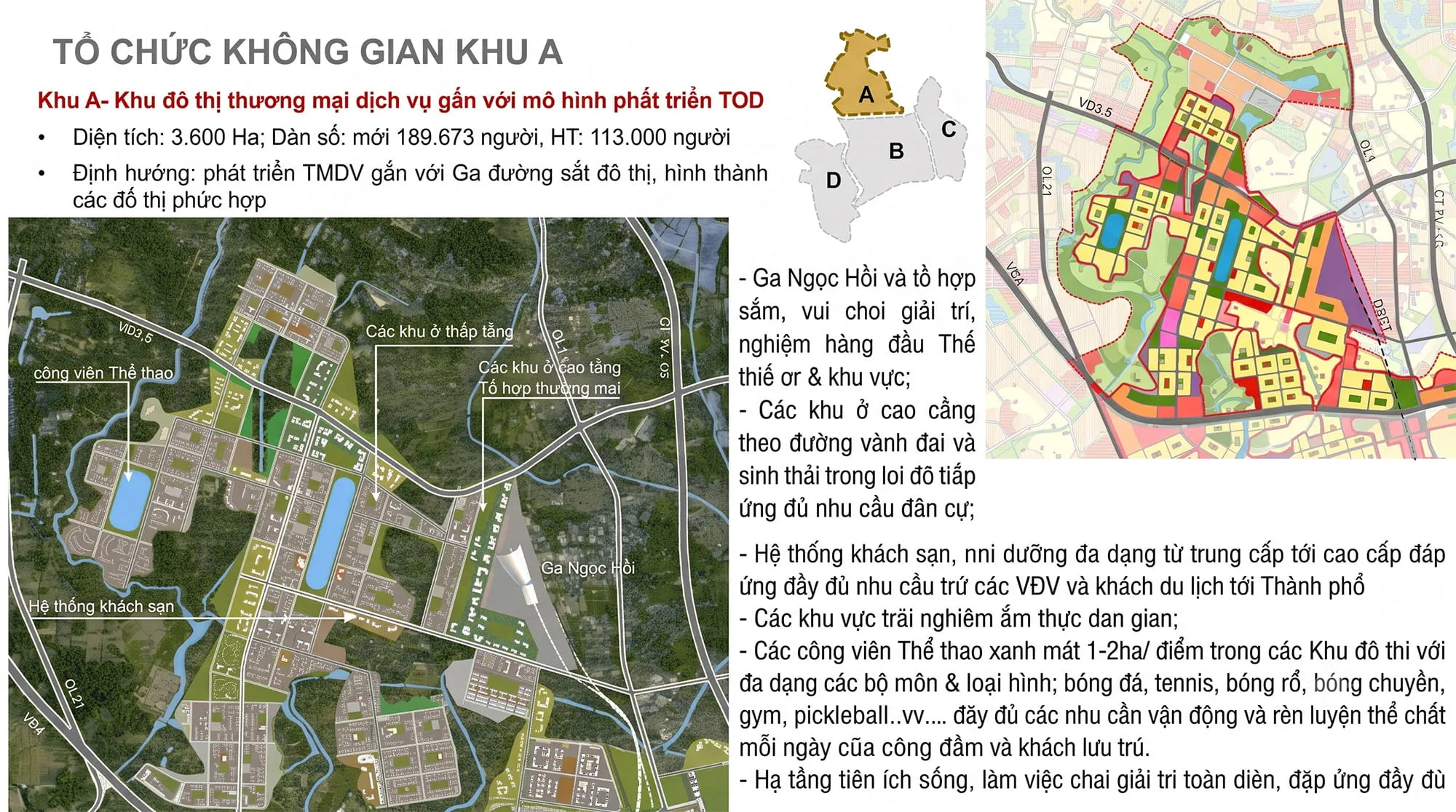 Phân khu A phát triển theo mô hình đô thị nén gắn với Ga Ngọc Hồi, quy mô dân số khoảng 310.000 người. Phân khu A trung tâm TOD và công nghệ tại Vinhomes Global Sportia