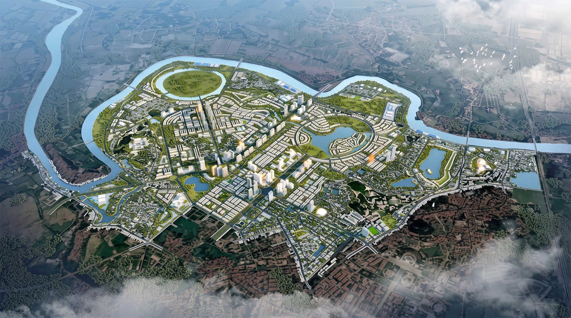 Phối cảnh tổng thể dự án Vinhomes King Park Bắc Ninh nhìn từ trên cao Phối cảnh Vinhomes King Park Bắc Ninh với hệ thống sông nước, khu đô thị, công viên và mạng lưới giao thông quy hoạch